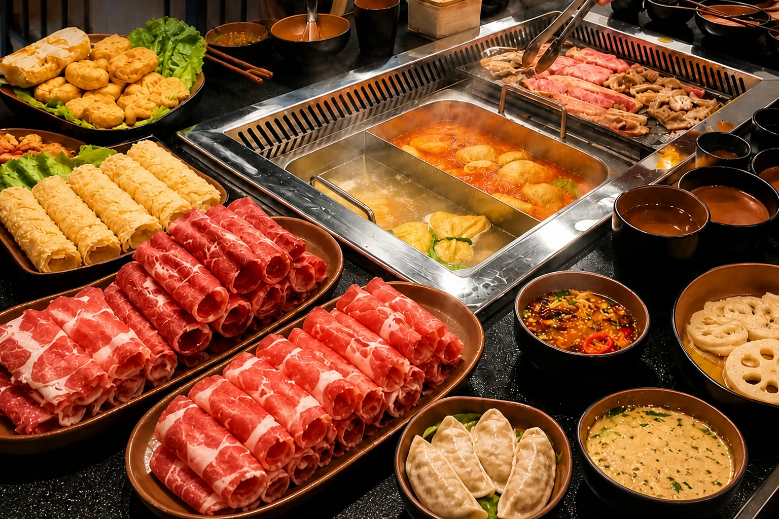 Hotpot and grill spread at the table in King Pot dining room