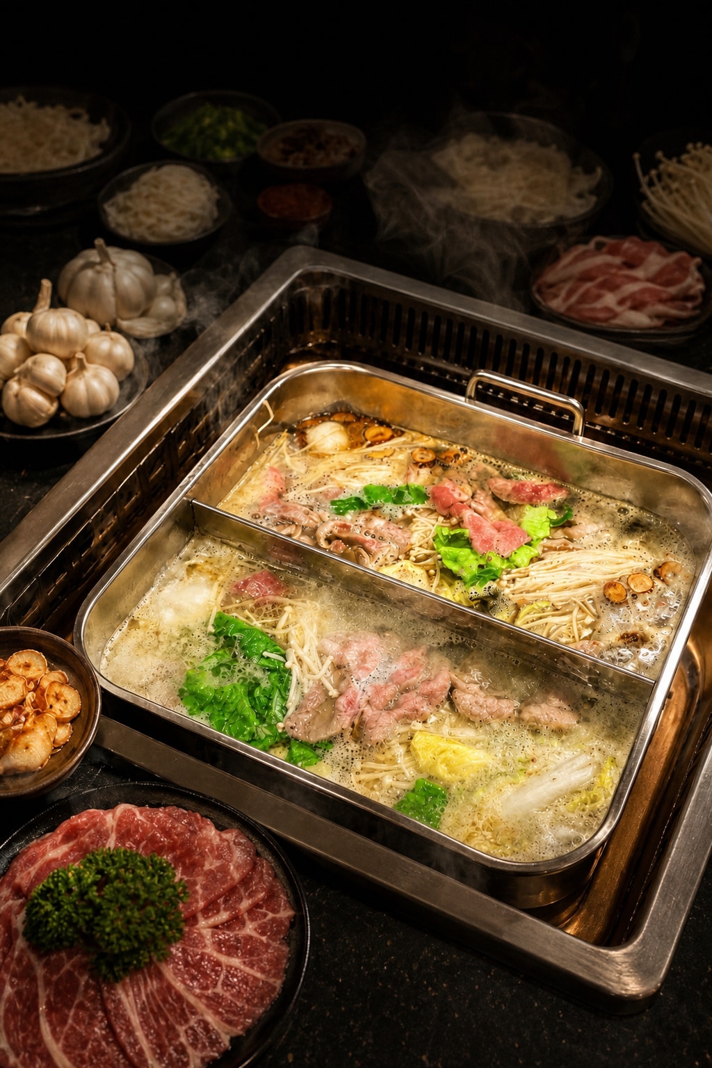 Hotpot simmering with broth, meats, and vegetables